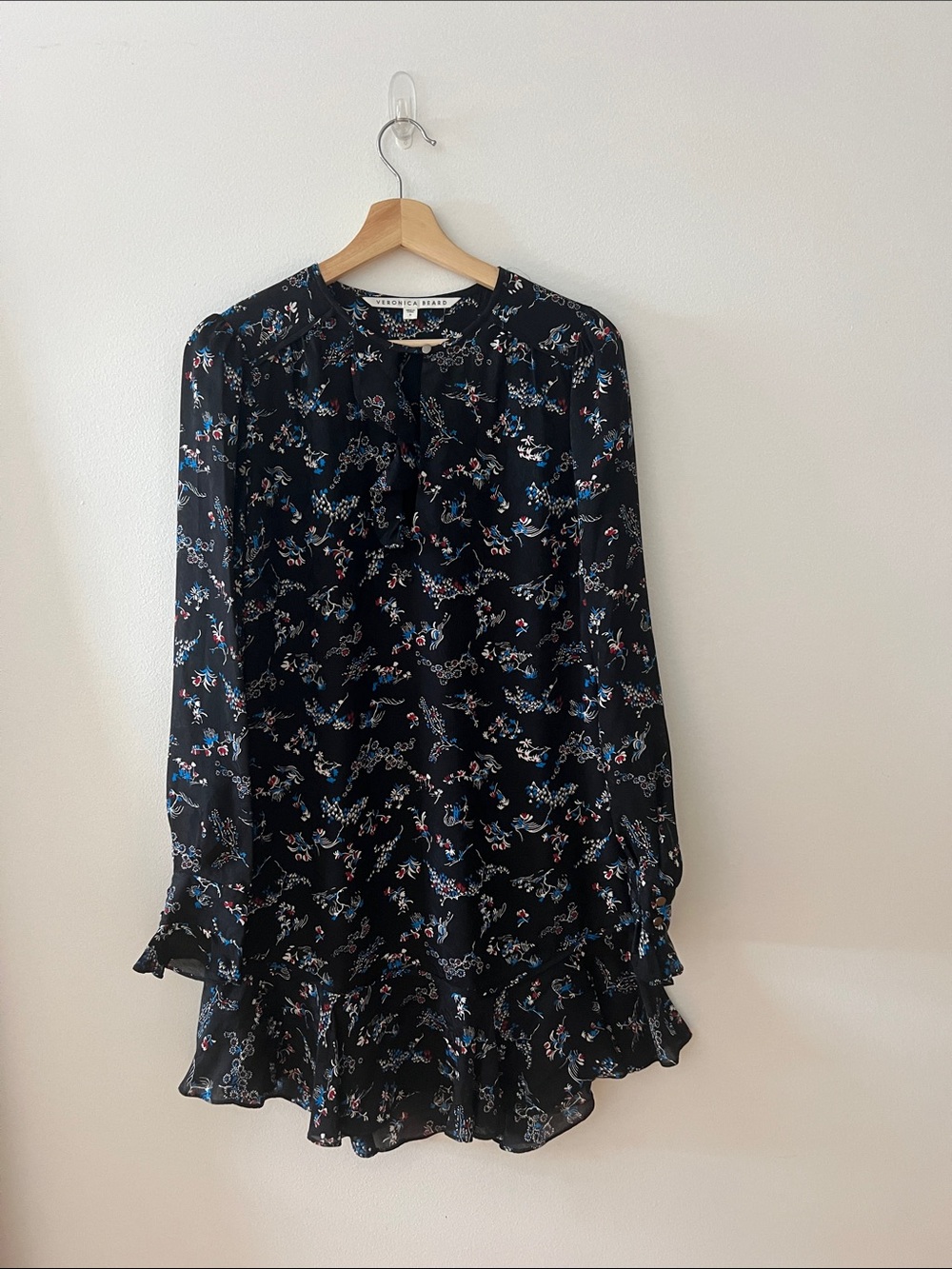 Veronica Beard Black Floral Long-Sleeve Ruffle Dress